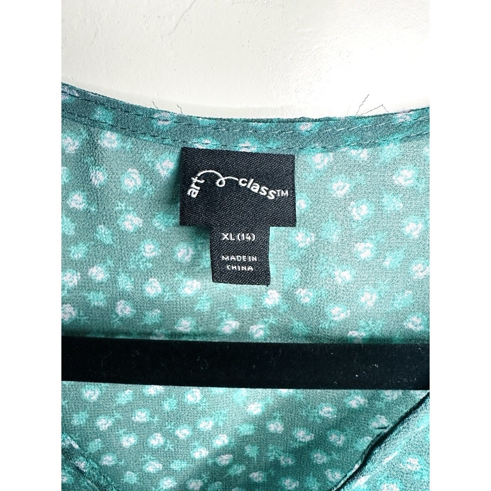 Art Class Girls XL 14 Green Floral Tie Front Blouse Long Sleeve Bell Cuff Spring - Picture 9 of 10